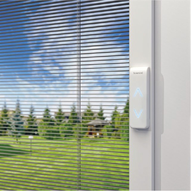 Detalle del controlador del sistema de persianas venecianas integradas en la ventana